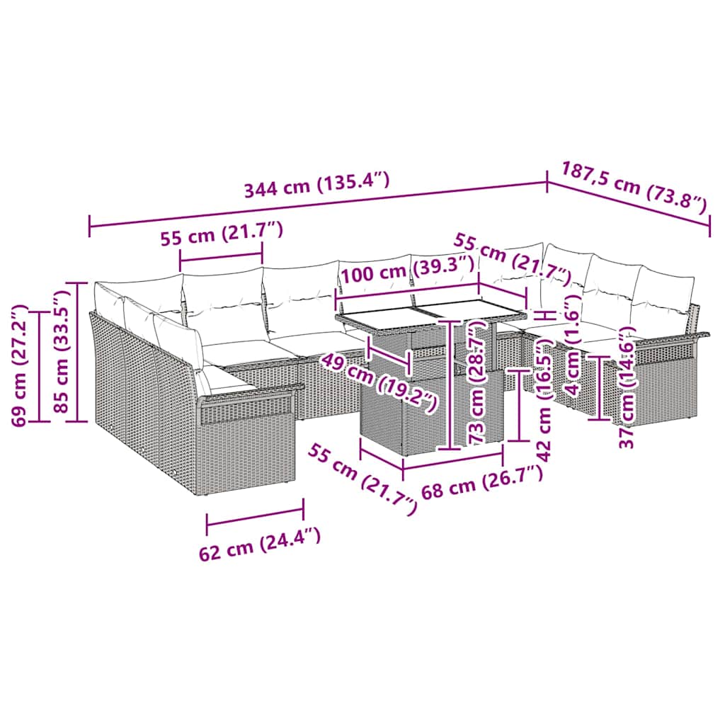 Garten-Sofa-Set 11 pcs Grau 100 x 55 x 73 cm Poly Rattan