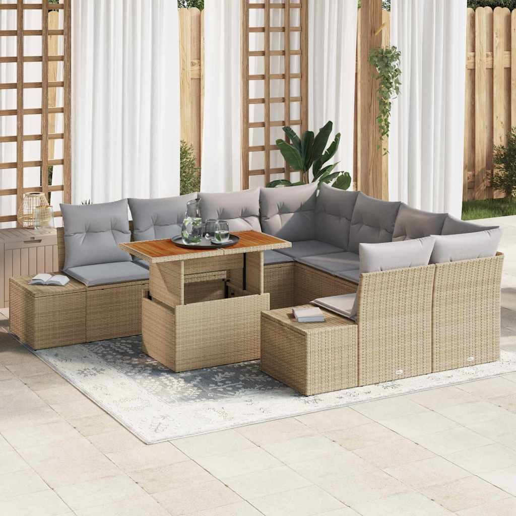 Garten-Sofa-Set mit Speicher 9 pcs Beige Poly Rattan