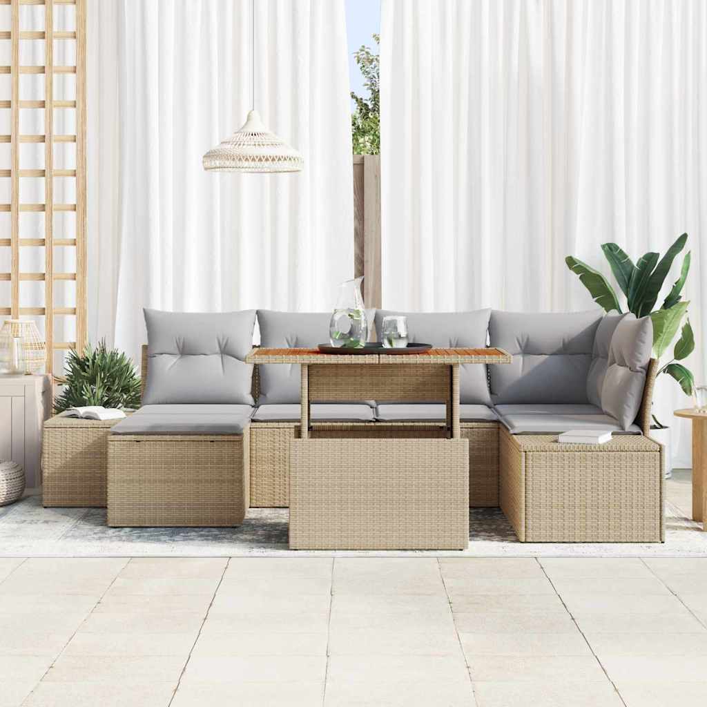 Garten-Sofa-Set mit Speicher 7 pcs Beige Poly Rattan