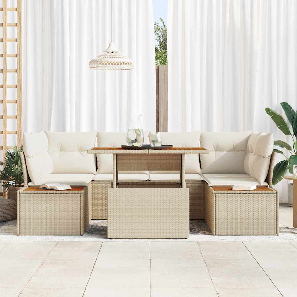 Garten-Sofa-Set mit Speicher 7 pcs Beige Poly Rattan