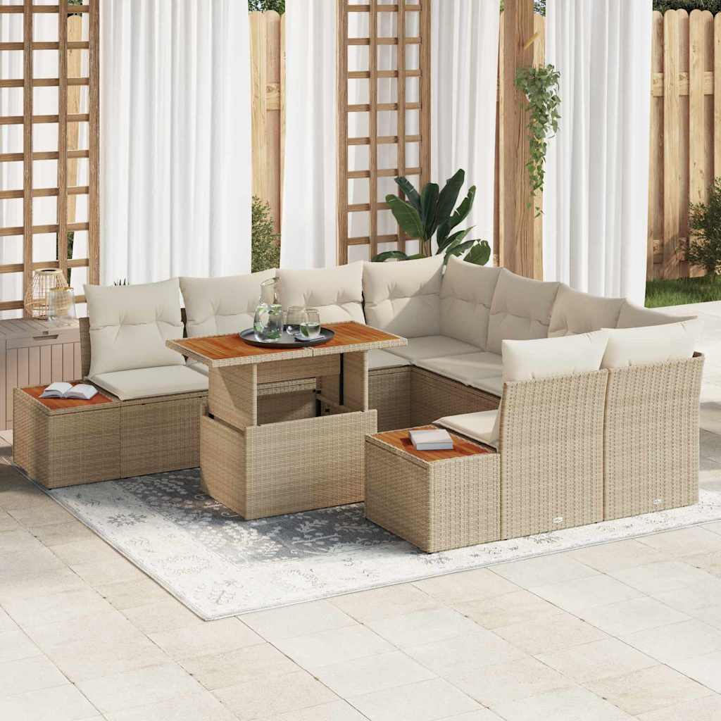 Garten-Sofa-Set mit Speicher 9 pcs Beige Poly Rattan