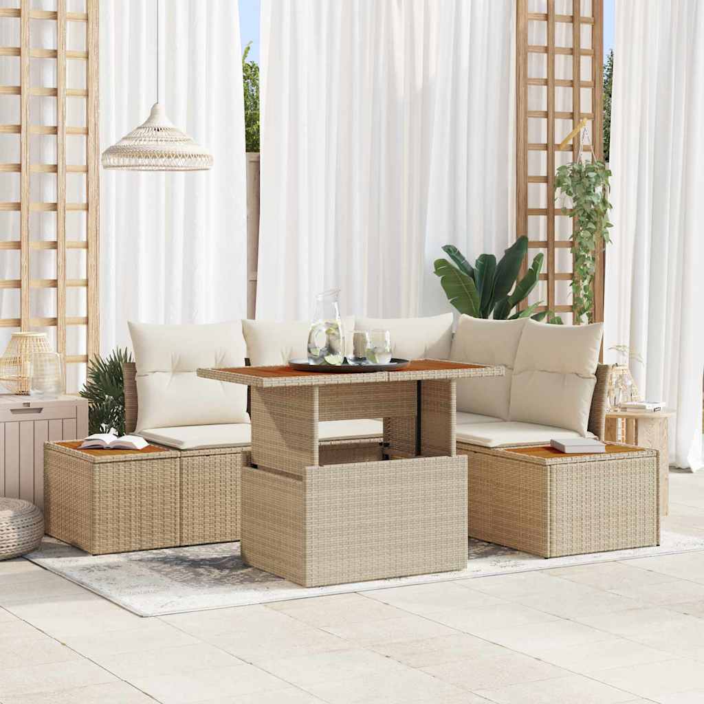 Garten-Sofa-Set mit Speicher 5 pcs Beige Poly Rattan