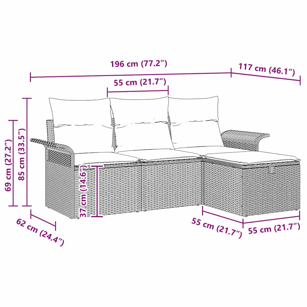 Garten-Sofa-Set mit Kissen 4 pcs Braun und Creme Poly Rattan
