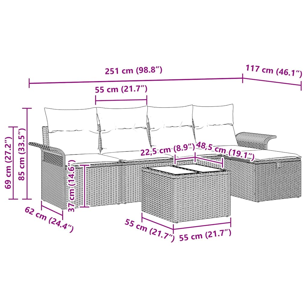 Garten-Sofa-Set 6 pcs Hellgrau 251 x 117 x 85 cm Poly Rattan