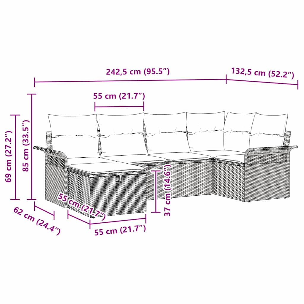 Garten-Sofa-Set 6 pcs Braun und Creme 242,5 x 132,5 x 85 cm