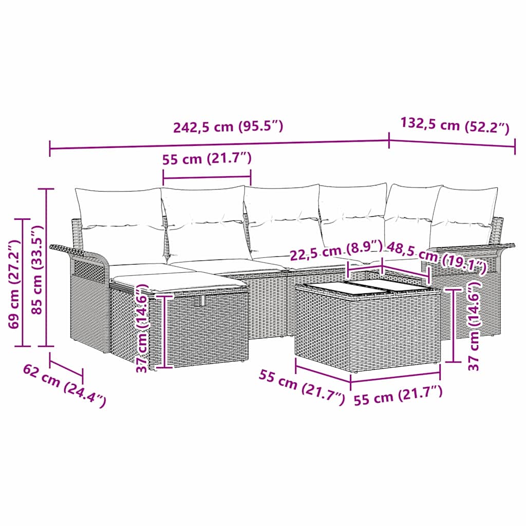 Garten-Sofa-Set mit Kissen 7 pcs Hellgrau 242,5 x 132,5 x 85 cm