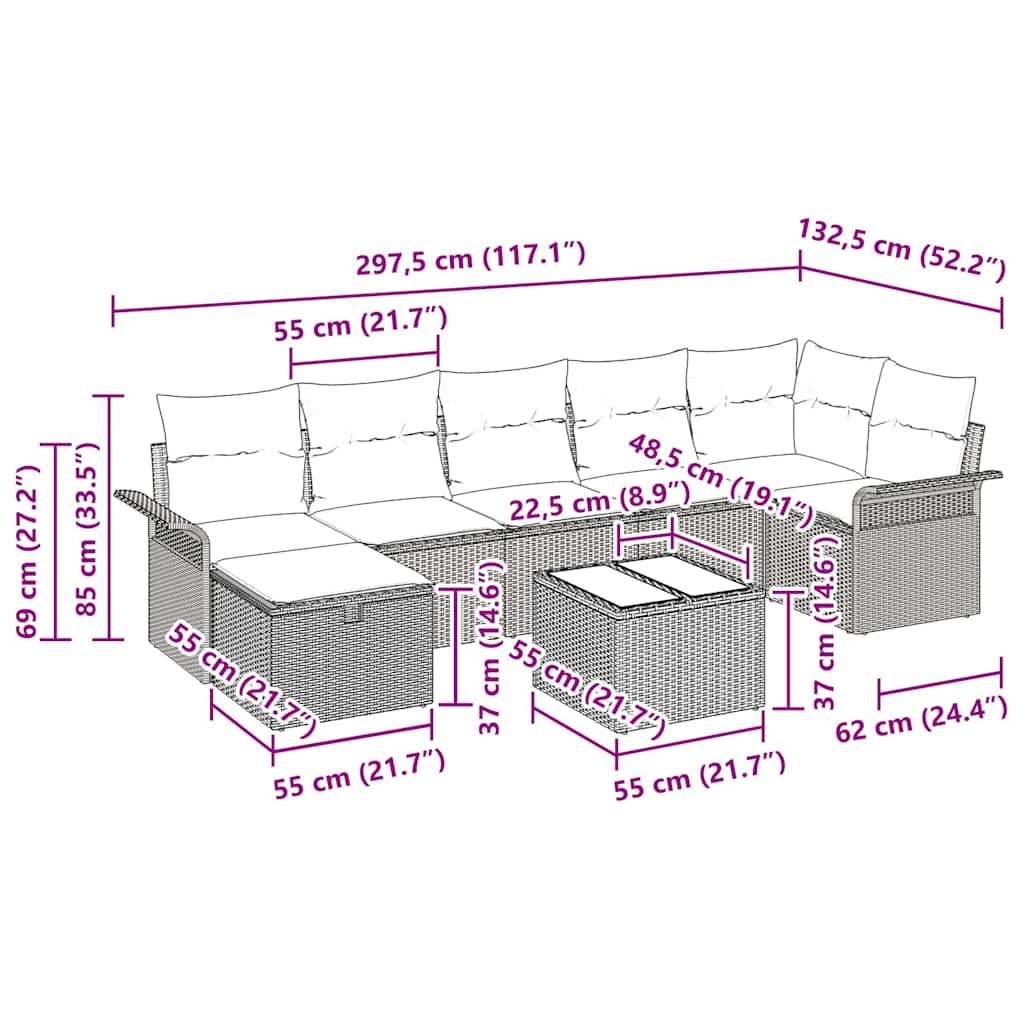 Garten-Sofa-Set 8 pcs Schwarz und Creme 297,5 x 132,5 x 85 cm