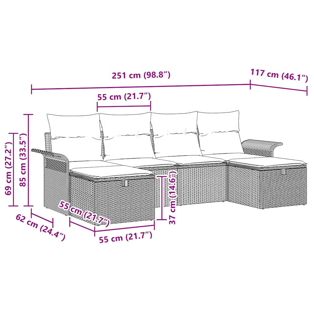 Garten-Sofa-Set 6 pcs Braun und Creme 251 x 117 x 85 cm