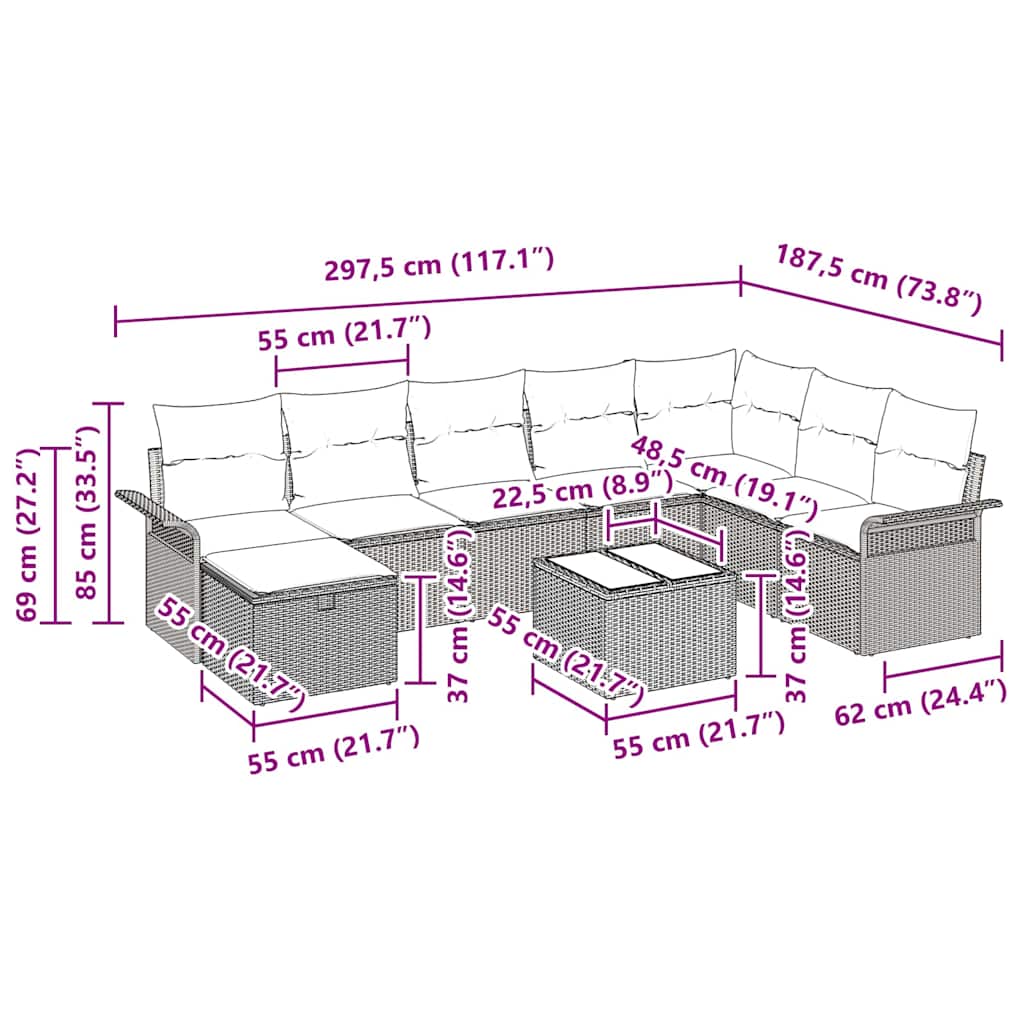 Garten-Sofa-Set 9 pcs Beige und Creme 297,5 x 187,5 x 85 cm