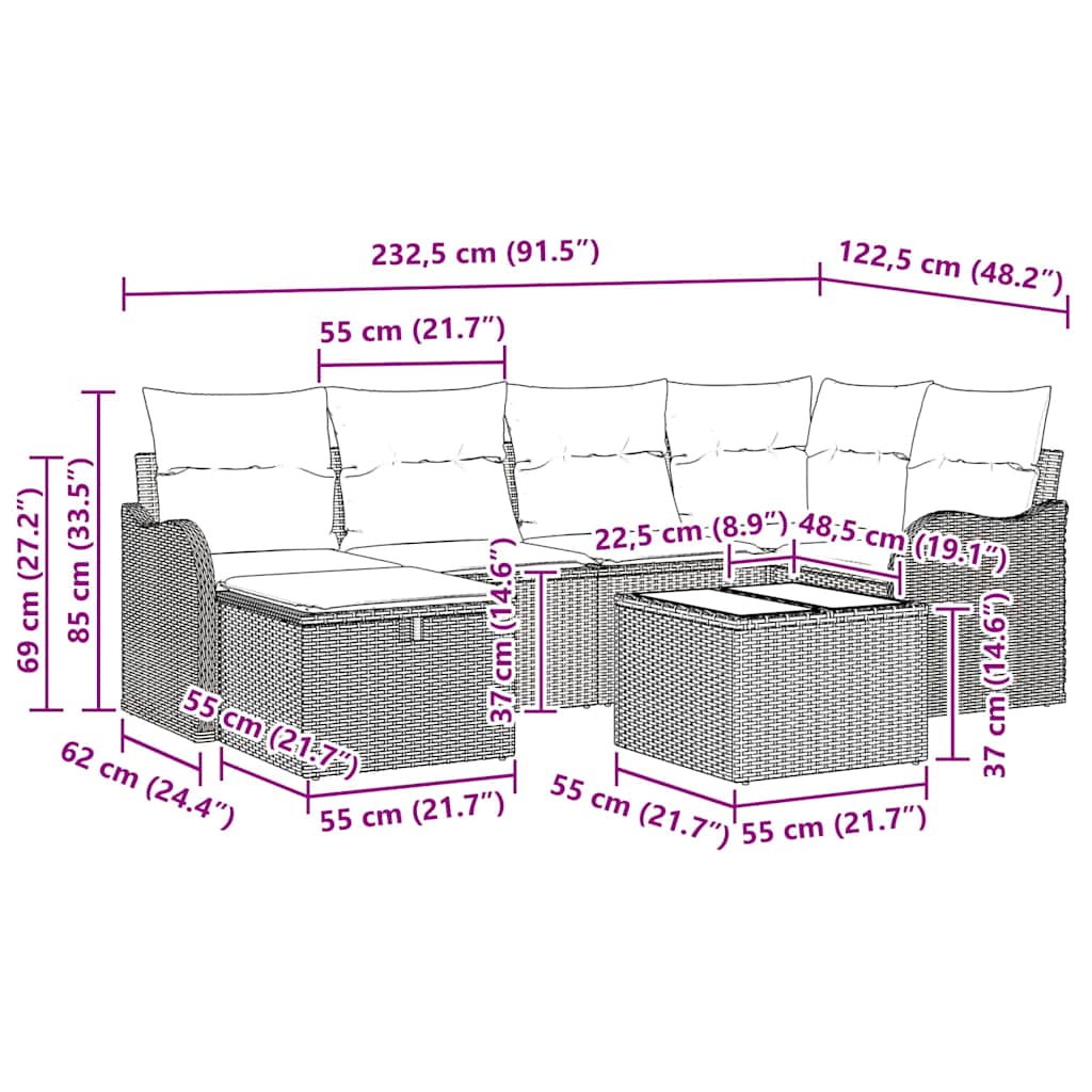 Garten-Sofa-Set 7 pcs Schwarz und Creme 232,5 x 122,5 x 85 cm