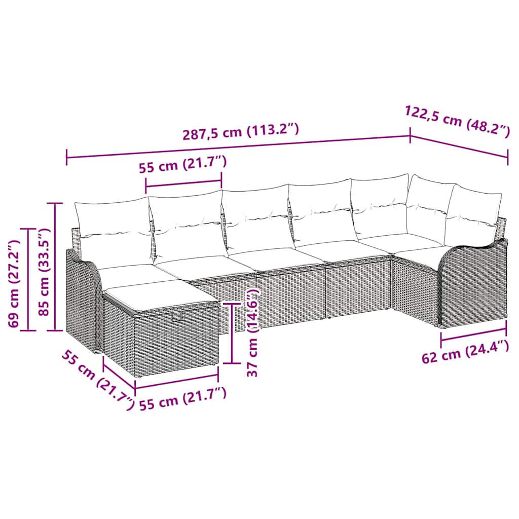 Garten-Sofa-Set mit Kissen 7 pcs Hellgrau 287.5 x 122.5 x 85 cm