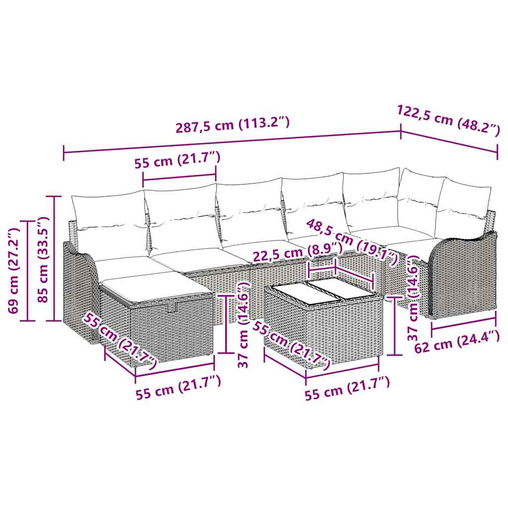 Garten-Sofa-Set mit Kissen 8 pcs Hellgrau 287.5 x 122.5 x 85 cm