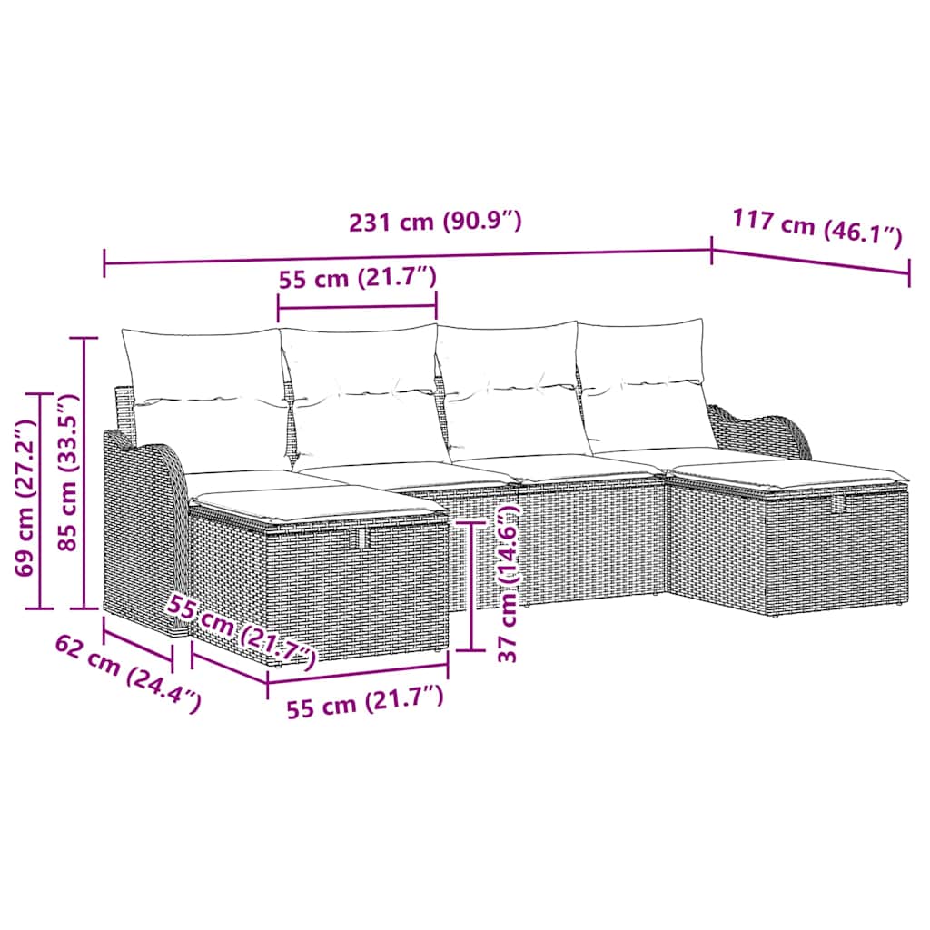 Garten-Sofa-Set 6 pcs Schwarz und Creme 231 x 117 x 85 cm