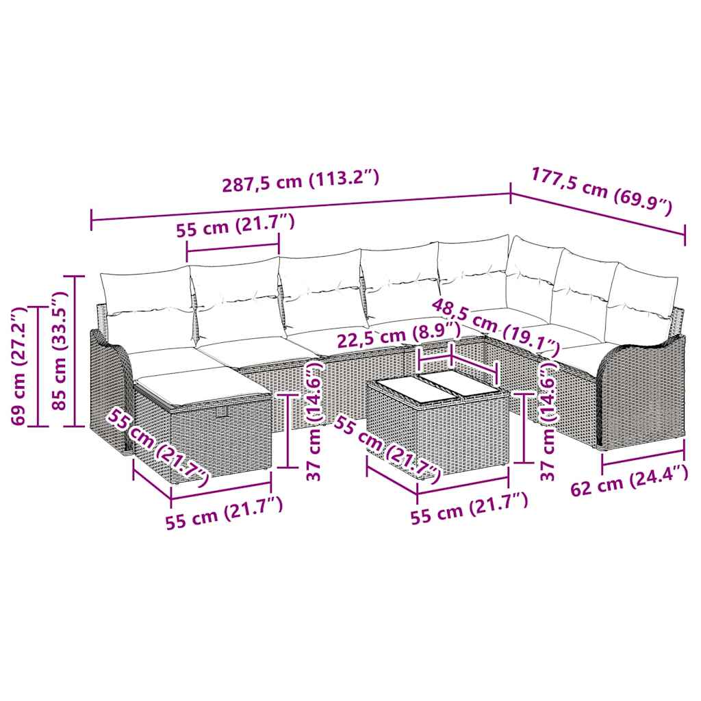 Garten-Sofa-Set 9 pcs Schwarz und Creme 287,5 x 177,5 x 85 cm