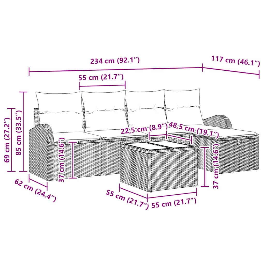 Garten-Sofa-Set 6 pcs Hellgrau 234 x 117 x 85 cm Poly Rattan