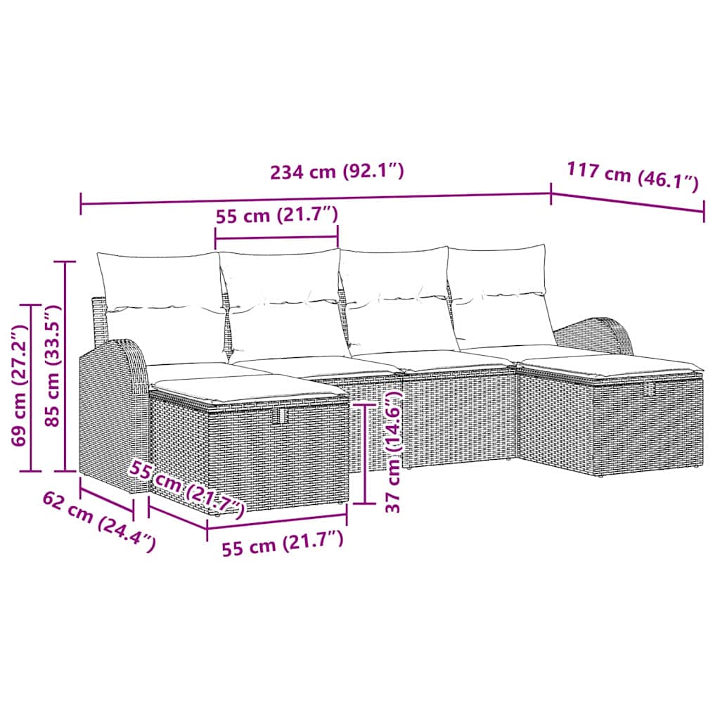 Garten-Sofa-Set 6 pcs Hellgrau 234 x 117 x 85 cm Poly Rattan