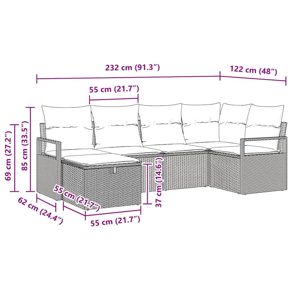 Garten-Sofa-Set 6 pcs Braun und Creme 232 x 122 x 85 cm