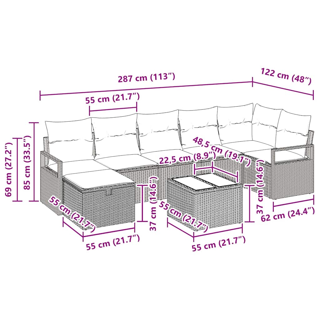 Garten-Sofa-Set 8 pcs Hellgrau 287 x 122 x 85 cm Poly Rattan