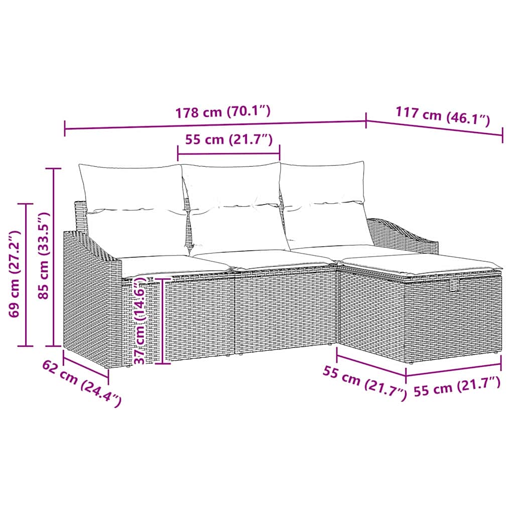 Garten-Sofa-Set mit Kissen 4 pcs Schwarz Poly Rattan