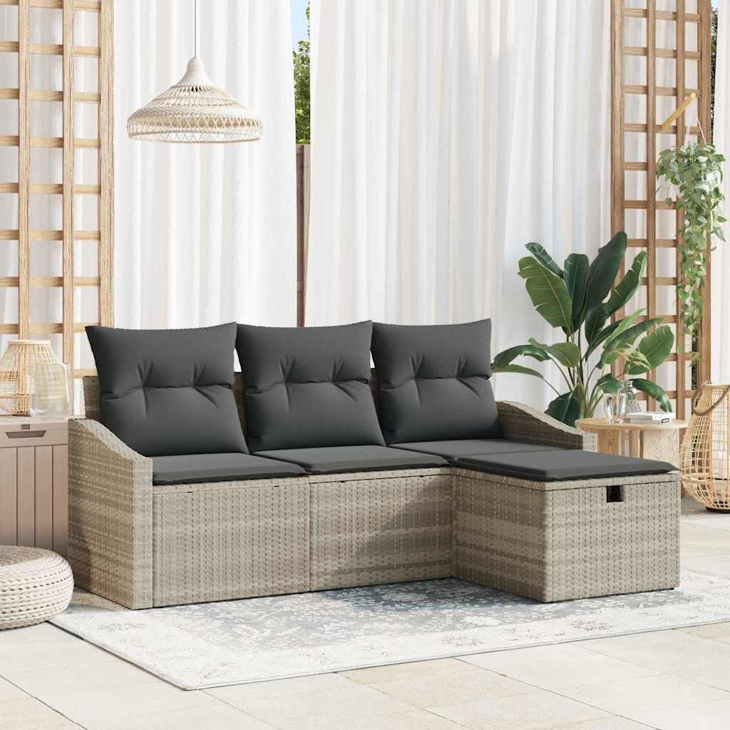 Garten-Sofa-Set mit Kissen 4 pcs Hellgrau Poly Rattan