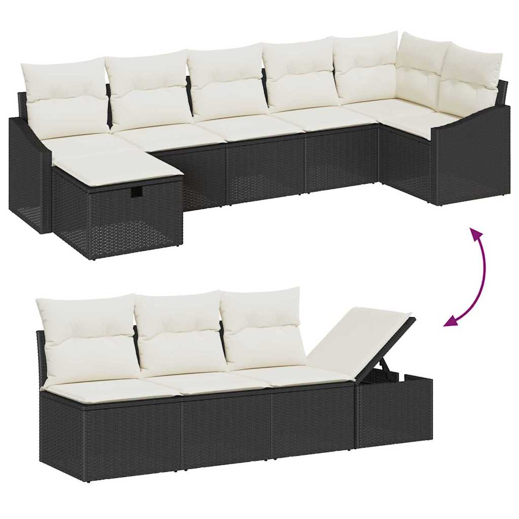 Garten-Sofa-Set mit Kissen 7 pcs Schwarz Poly Rattan