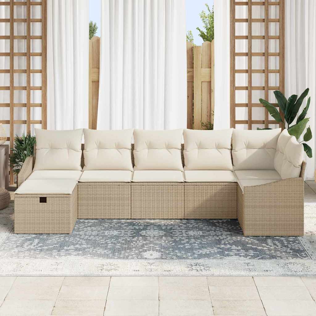 Garten-Sofa-Set mit Kissen 7 pcs Beige Poly Rattan