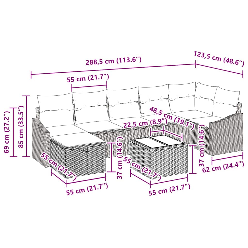 Garten-Sofa-Set mit Kissen 8 pcs Schwarz Poly Rattan