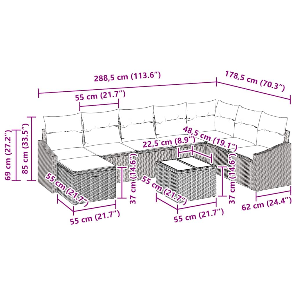 Garten-Sofa-Set mit Kissen 9 pcs Hellgrau Poly Rattan