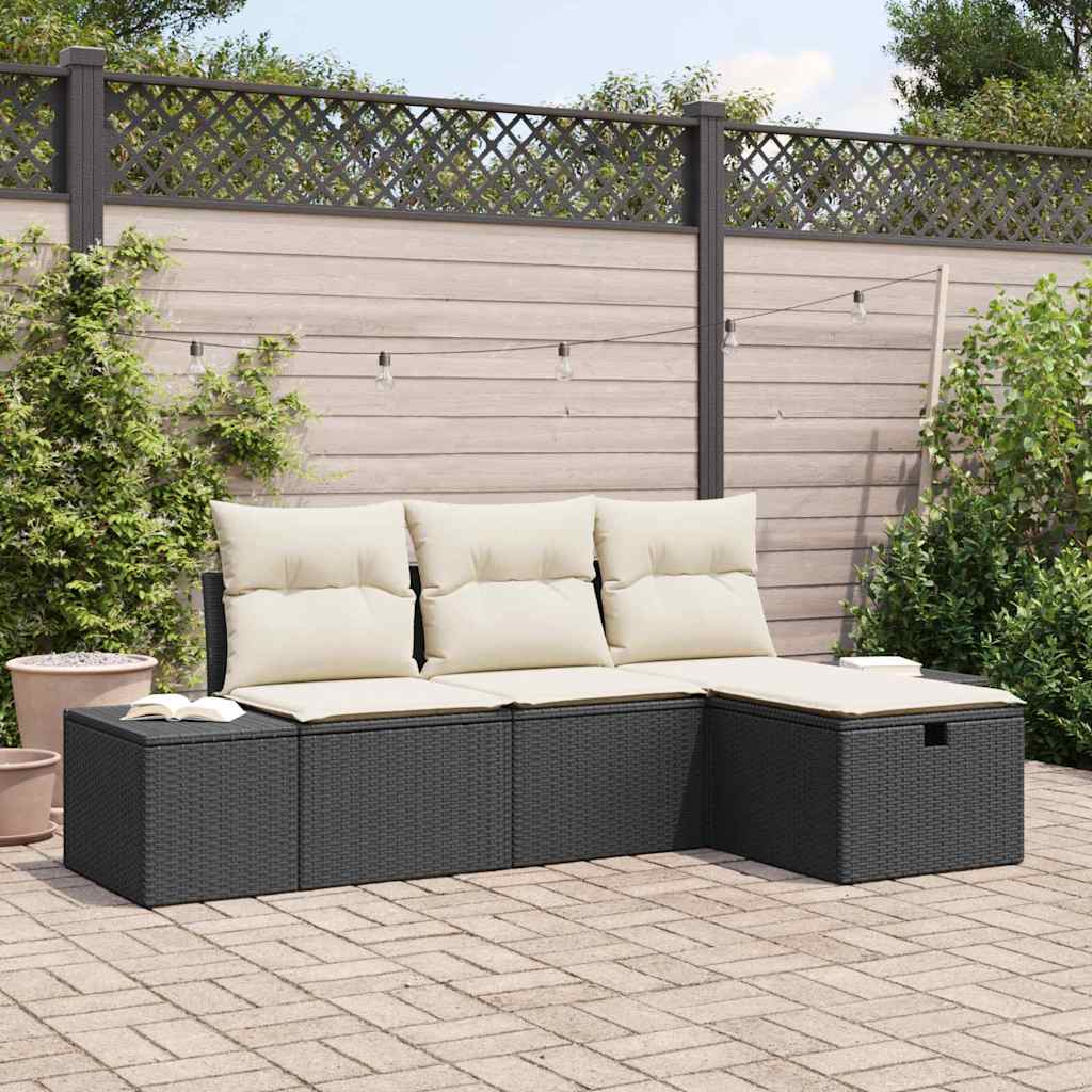 Garten-Sofa-Set mit Kissen 4 pcs Schwarz Poly Rattan