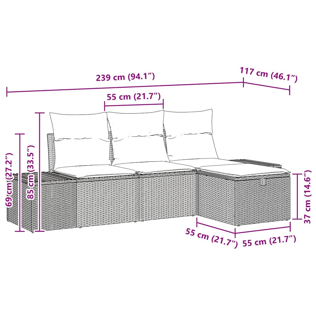 Garten-Sofa-Set mit Kissen 4 pcs Hellgrau Poly Rattan