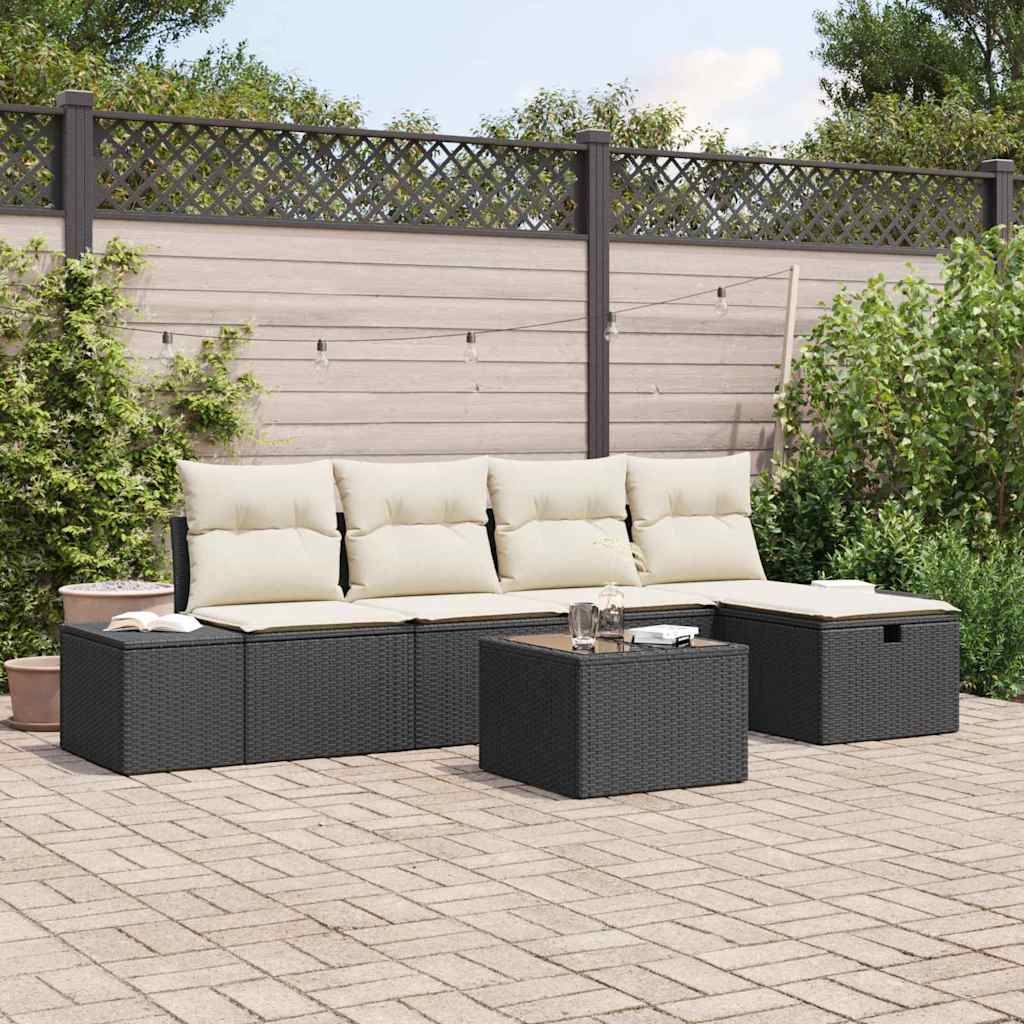 Garten-Sofa-Set mit Kissen 6 pcs Schwarz Poly Rattan