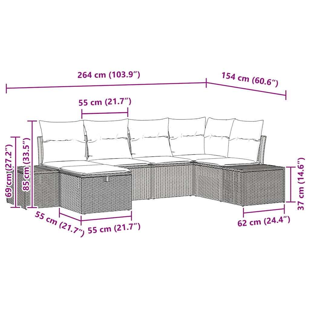 Garten-Sofa-Set mit Kissen 6 pcs Braun Poly Rattan