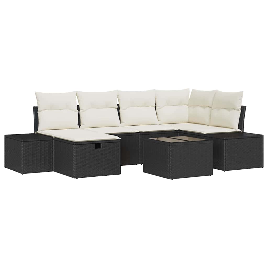 Garten-Sofa-Set mit Kissen 7 pcs Schwarz Poly Rattan