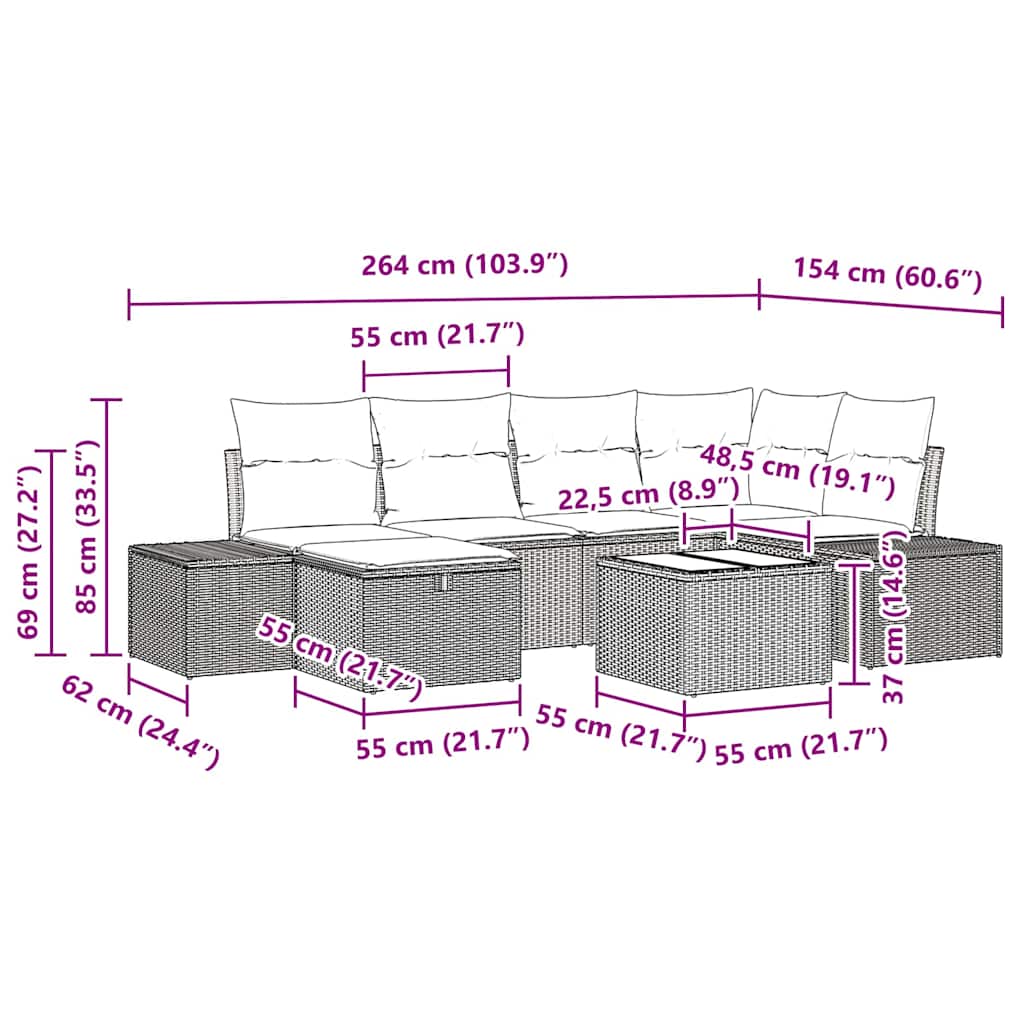 Garten-Sofa-Set mit Kissen 7 pcs Braun Poly Rattan