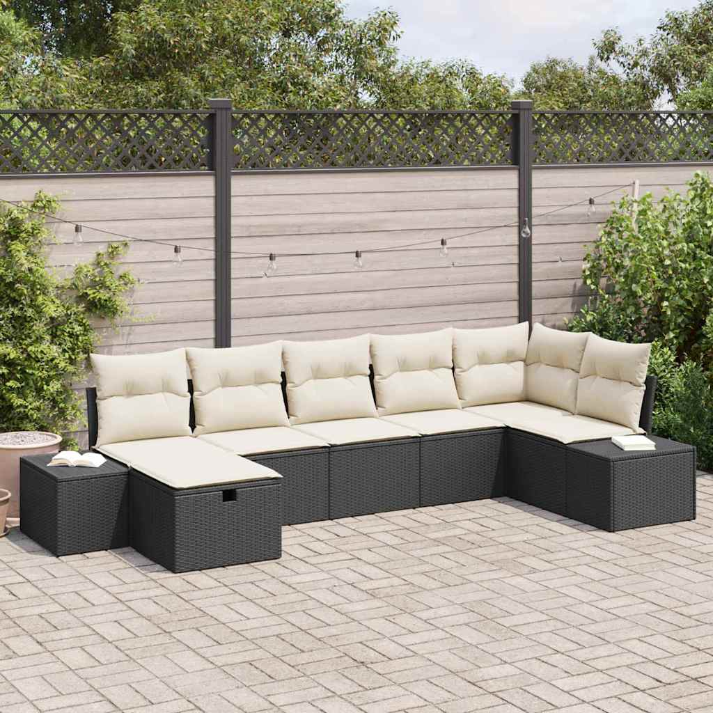 Garten-Sofa-Set mit Kissen 7 pcs Schwarz Poly Rattan