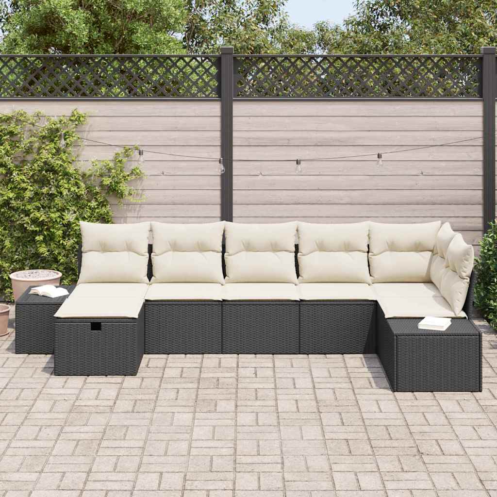 Garten-Sofa-Set mit Kissen 7 pcs Schwarz Poly Rattan