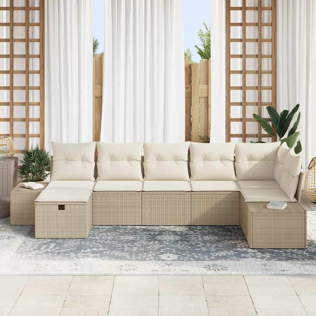 Garten-Sofa-Set mit Kissen 7 pcs Beige Poly Rattan