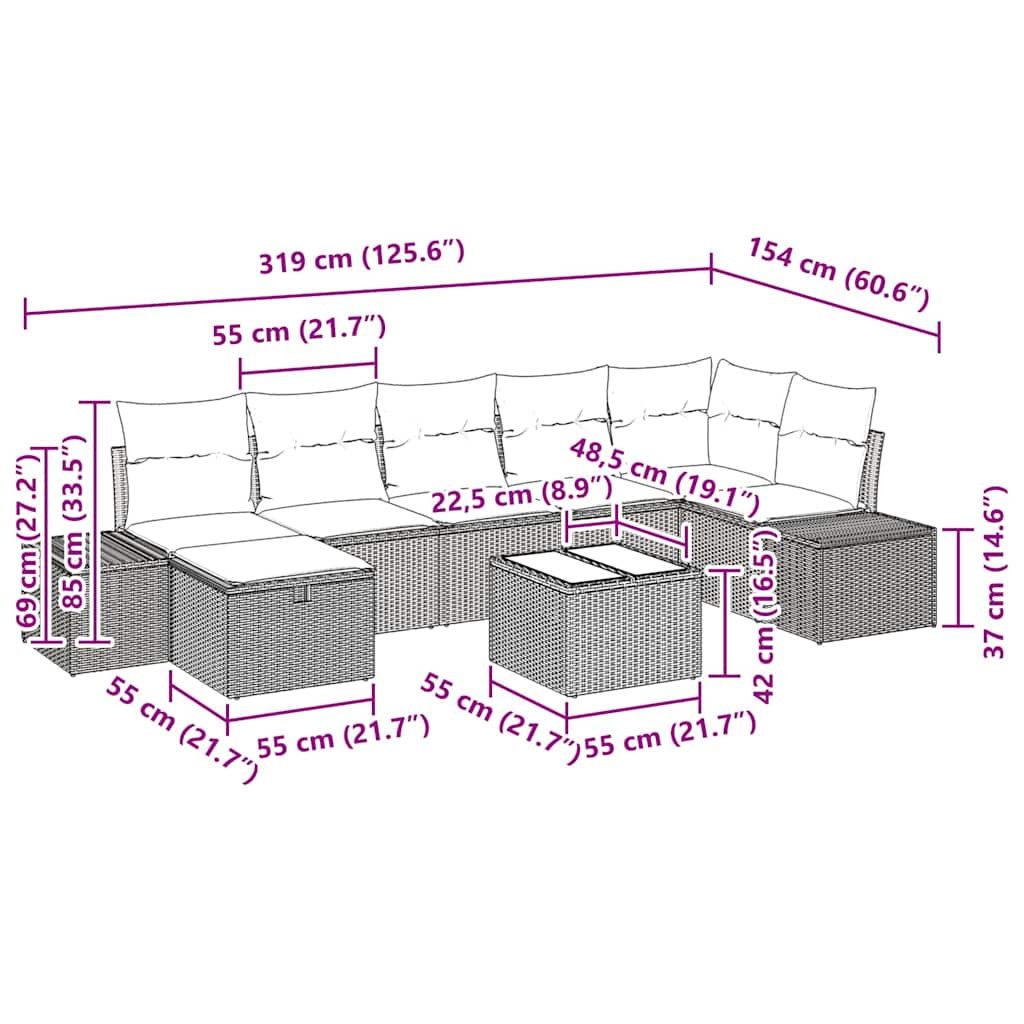 Garten-Sofa-Set mit Kissen 8 pcs Schwarz Poly Rattan