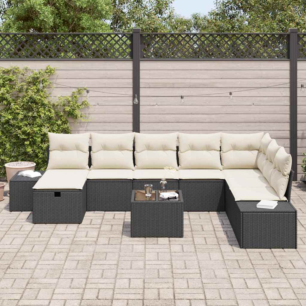 Garten-Sofa-Set mit Kissen 9 pcs Schwarz Poly Rattan