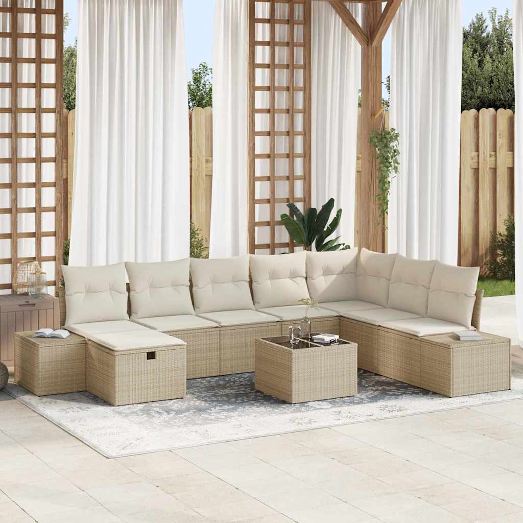 Garten-Sofa-Set mit Kissen 9 pcs Beige Poly Rattan