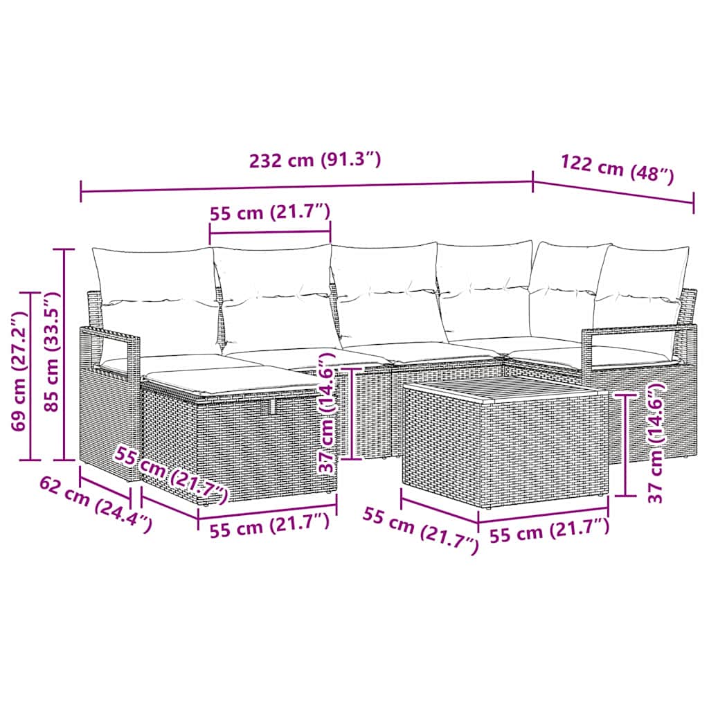 Garten-Sofa-Set mit Kissen 7 pcs Schwarz Poly Rattan