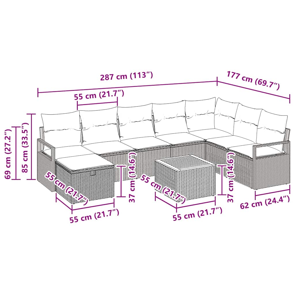 Garten-Sofa-Set mit Kissen 9 pcs Schwarz Poly Rattan