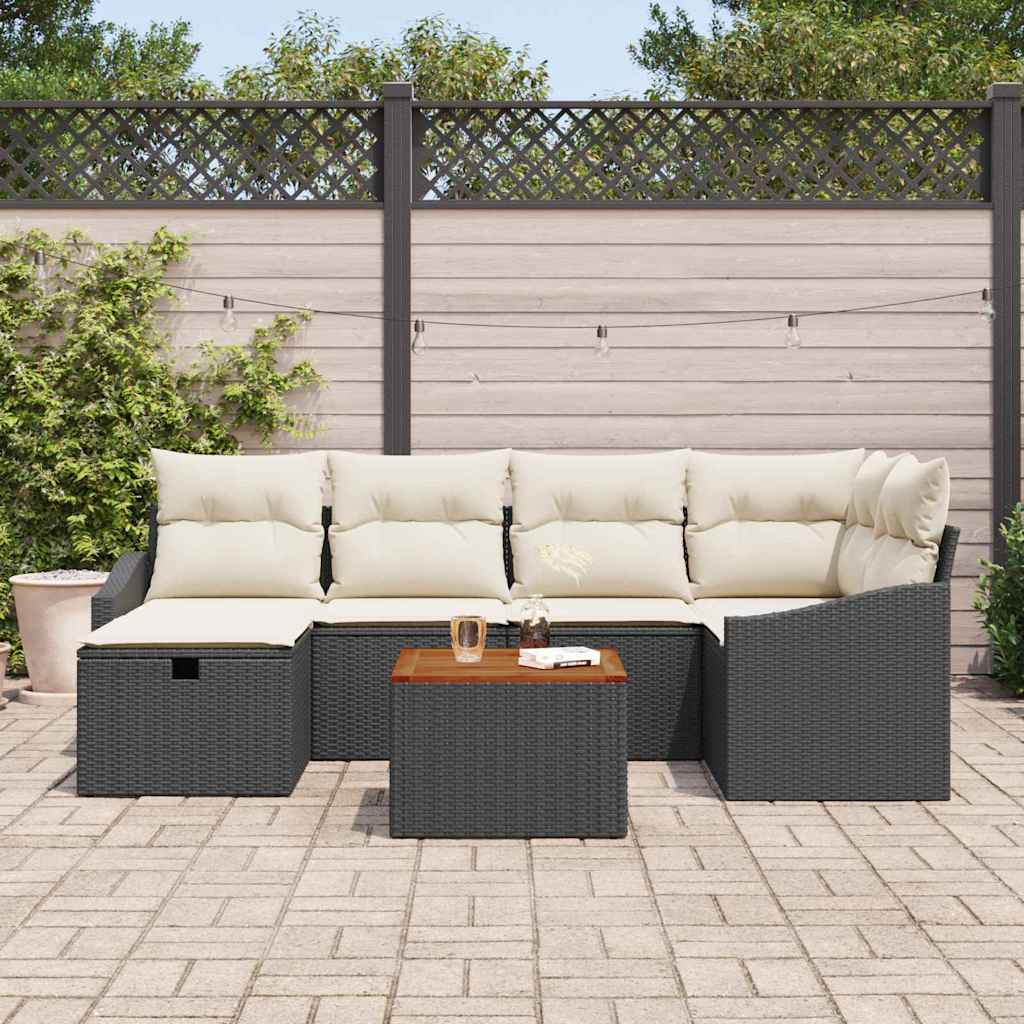 Garten-Sofa-Set mit Kissen 7 pcs Schwarz Poly Rattan
