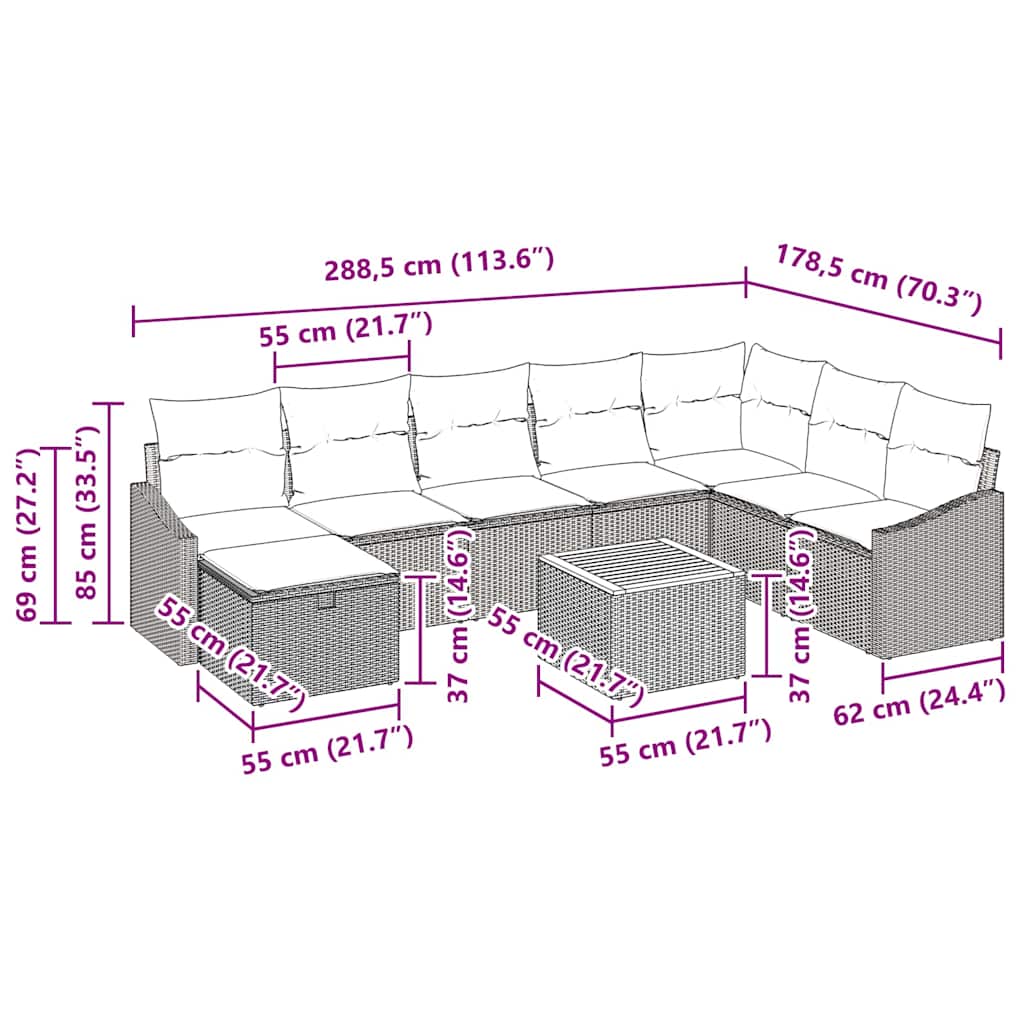 Garten-Sofa-Set mit Kissen 9 pcs Schwarz Poly Rattan