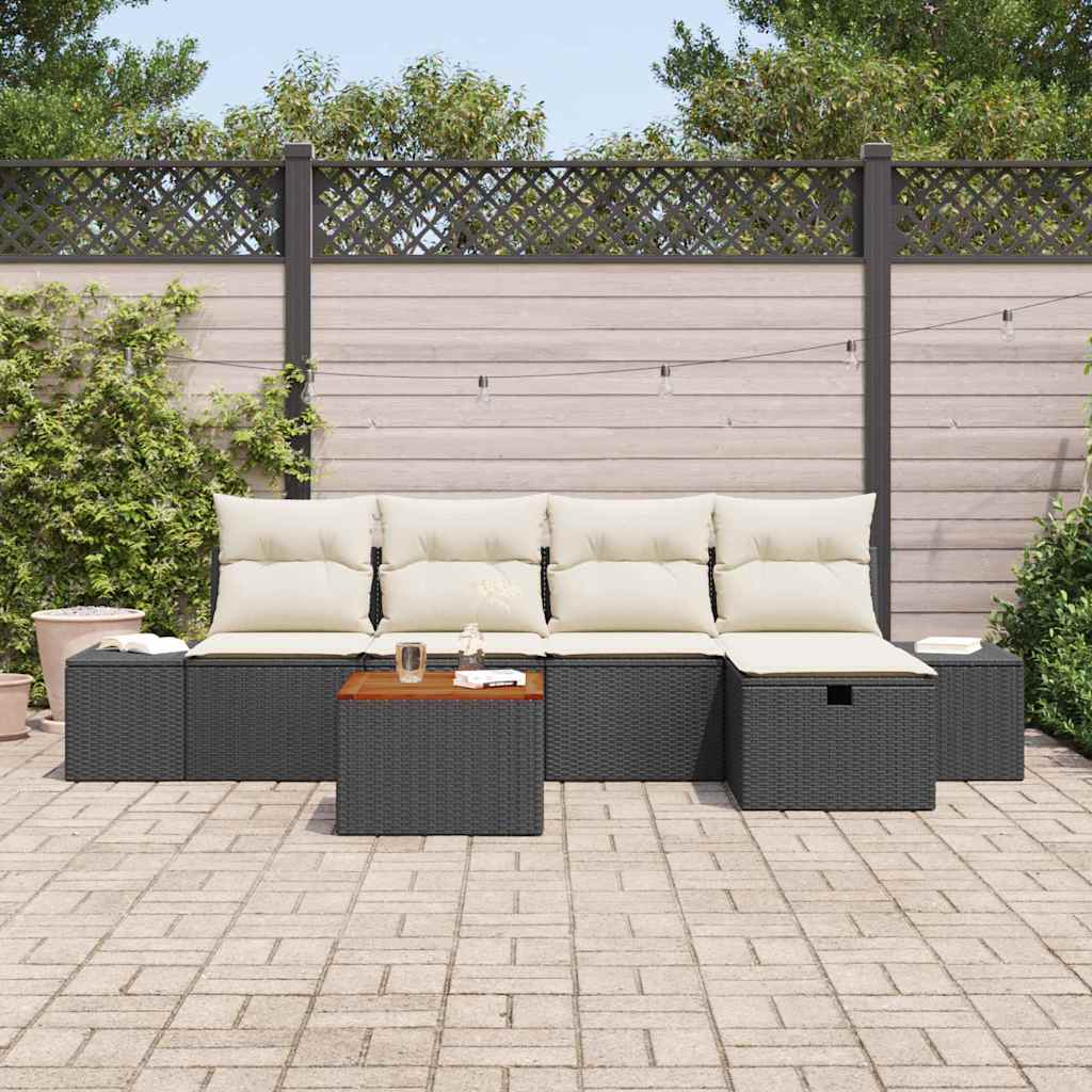 Garten-Sofa-Set mit Kissen 6 pcs Schwarz Poly Rattan