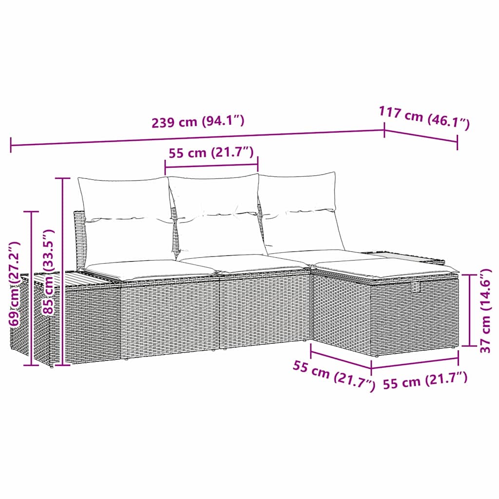 Garten-Sofa-Set mit Kissen 4 pcs Schwarz Poly Rattan