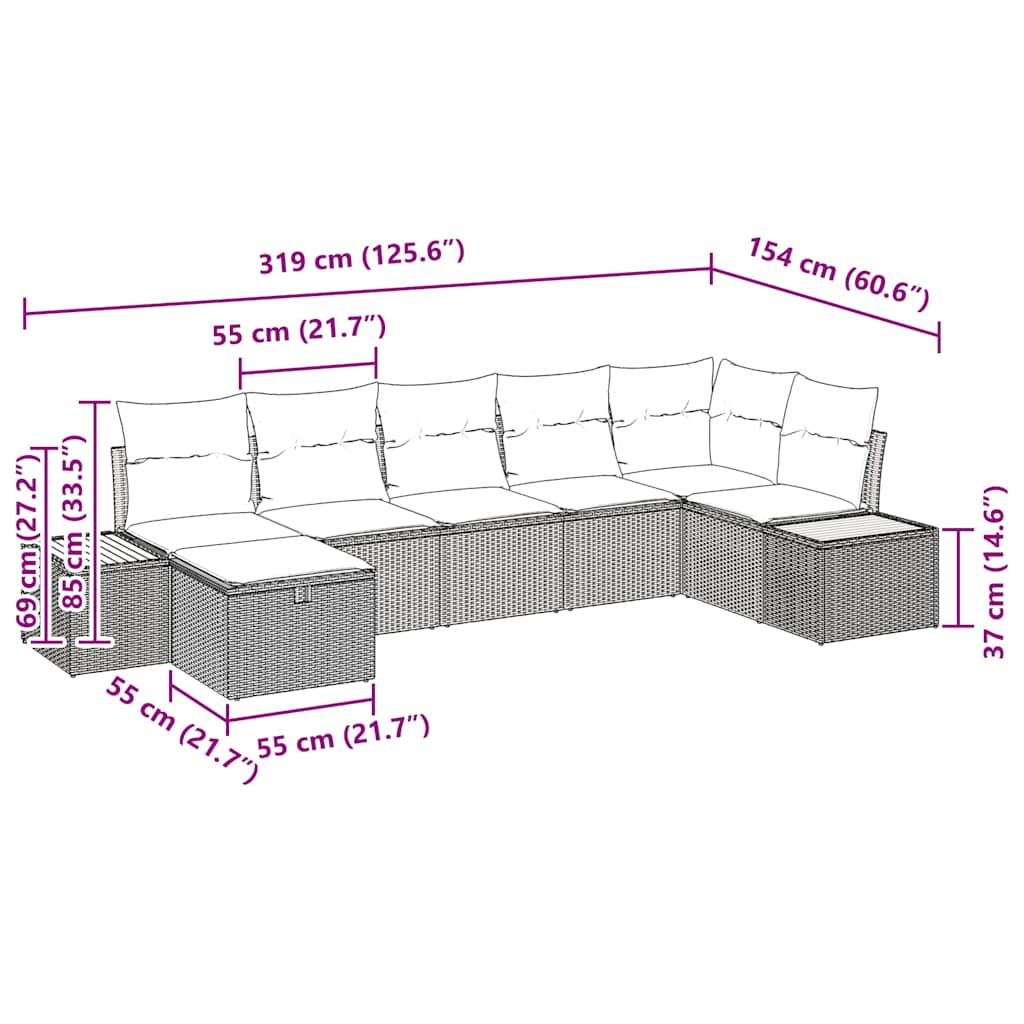 Garten-Sofa-Set mit Kissen 7 pcs Schwarz Poly Rattan