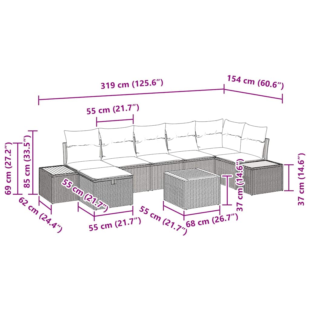 Garten-Sofa-Set mit Kissen 8 pcs Schwarz Poly Rattan