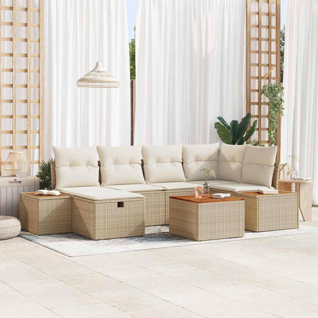 Garten-Sofa-Set mit Kissen 7 pcs Beige Poly Rattan