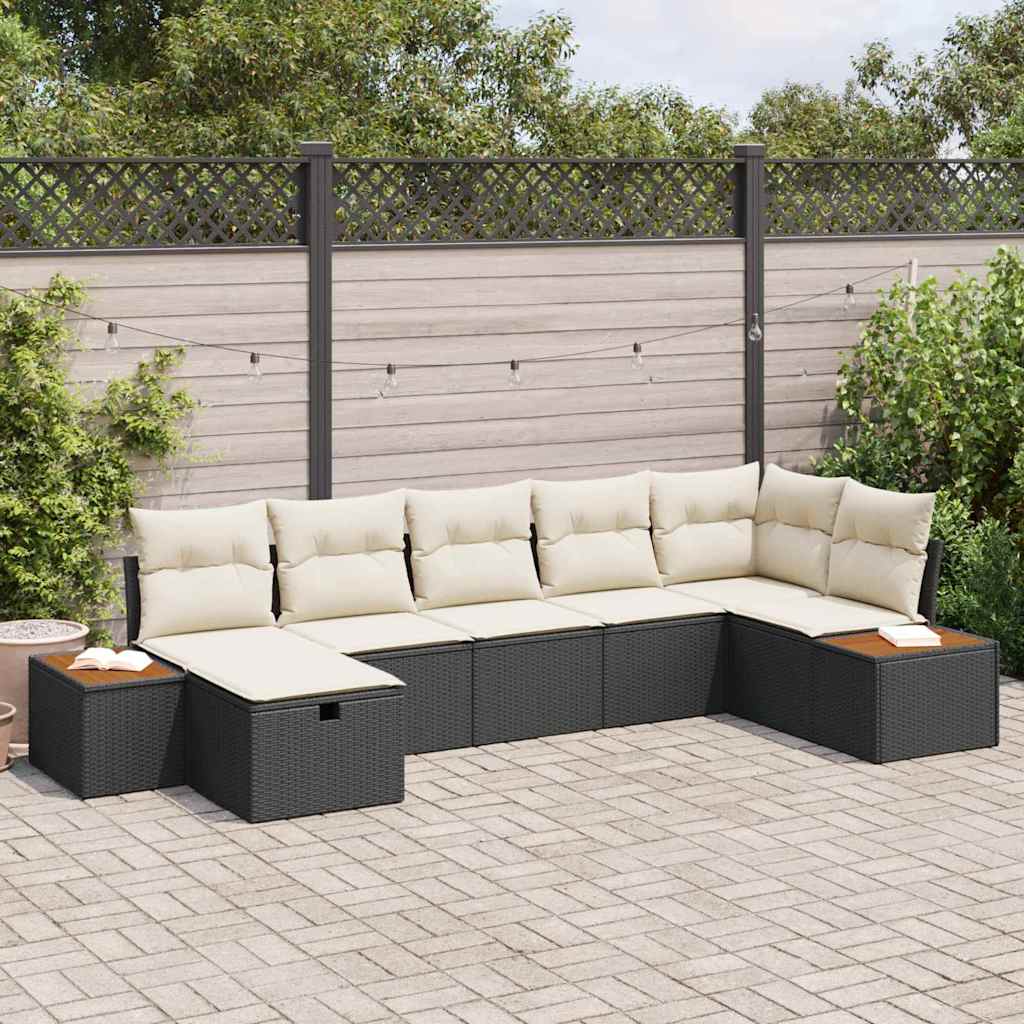 Garten-Sofa-Set mit Kissen 7 pcs Schwarz Poly Rattan